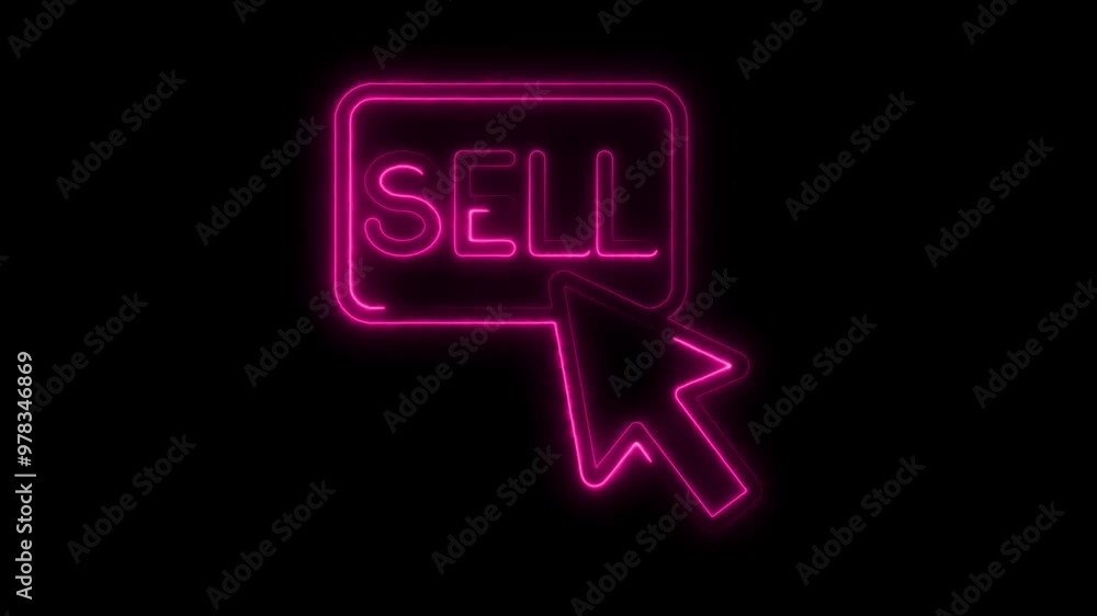 Poster neon sell button with mouse pointer - e-commerce and online trading concept