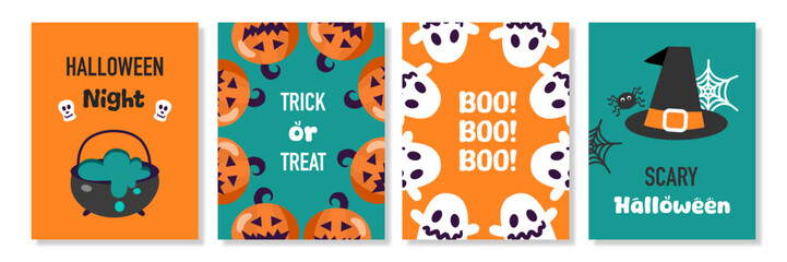 Set of Happy Halloween banners. Vector cute illustrations: pumpkin, funny skeleton, ghosts, for postcard creation, background, card and poster