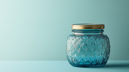 A blue glass jar with a gold lid sits on a light blue surface.