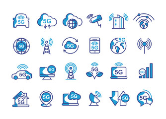 Technology, 5g icon set. such as wifi, internet, iot, cloud, technology, smart home, network, connect and cloud computing. vector illustration.