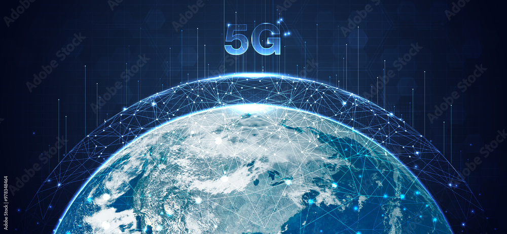 Poster global 5g network wireless systems and internet technology concept. smart city communication network
