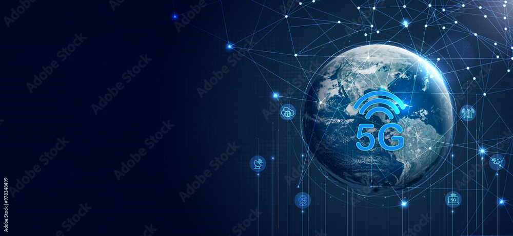 Poster global 5g network wireless systems and internet technology concept. smart city communication network