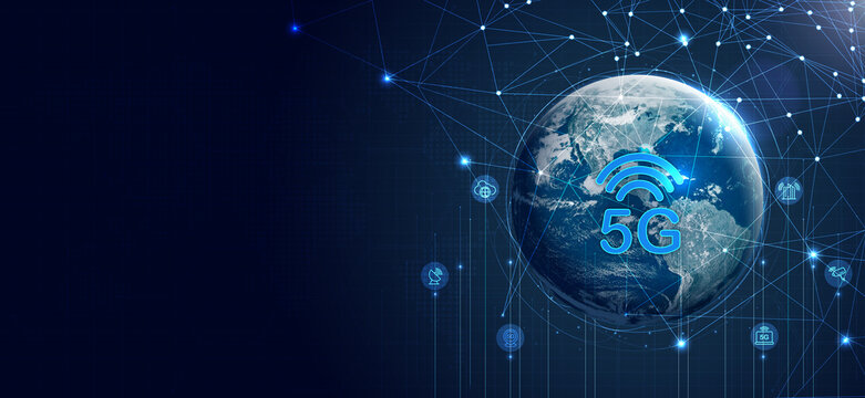 Global 5G network wireless systems and internet technology concept. smart city communication network. 5G wireless mobile internet wifi connection data. Elements of this image furnished by NASA.