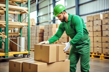a loader in a green uniform packs things in boxes