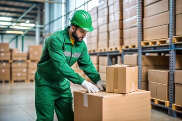 a loader in a green uniform packs things in boxes