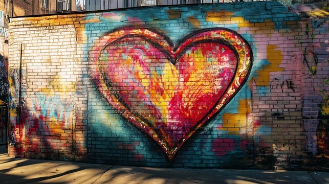 A vibrant heart mural on a brick wall reflects love amid colorful graffiti and urban life.
