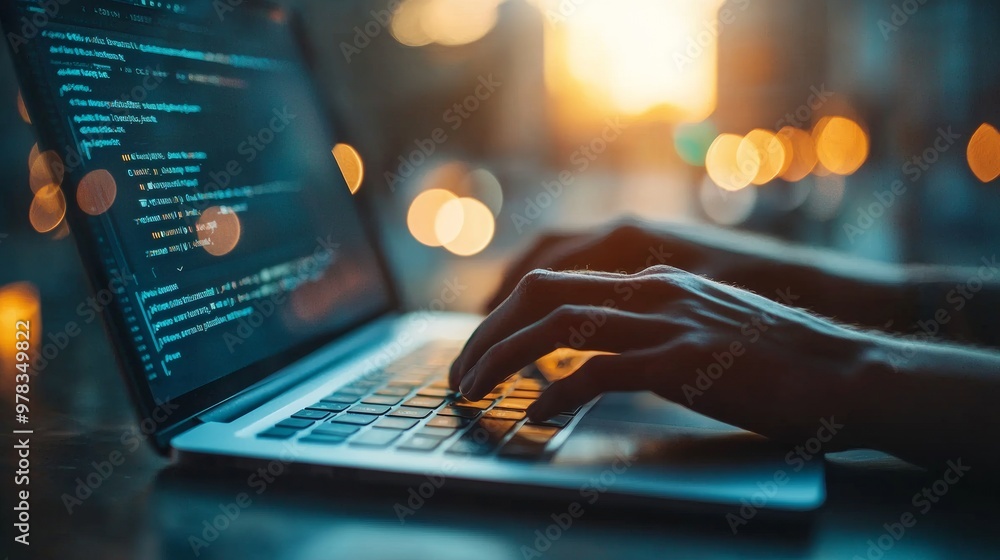 Poster person coding on a laptop during sunset with bokeh lights