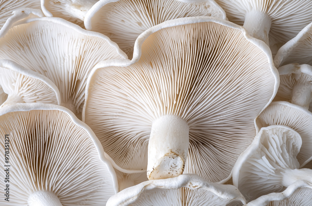 Wall mural Close-up of white oyster mushrooms arranged in a pattern on a clean background