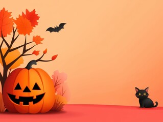 Fototapeta premium A vibrant Halloween scene featuring a carved pumpkin, black cat, autumn leaves, and a spooky bat against an orange backdrop.