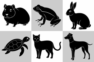 Fototapeta premium Drawings of six pets in black and white 