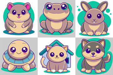 Fototapeta premium Drawings of six pets in a kawaii style 