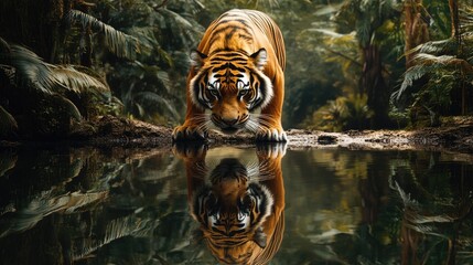 A tiger and its reflection in a still pond, creating a symmetrical, almost mystical image in the jungle.