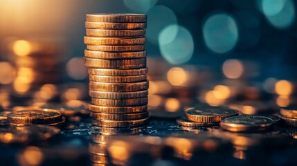 Stack of golden coins with soft bokeh background