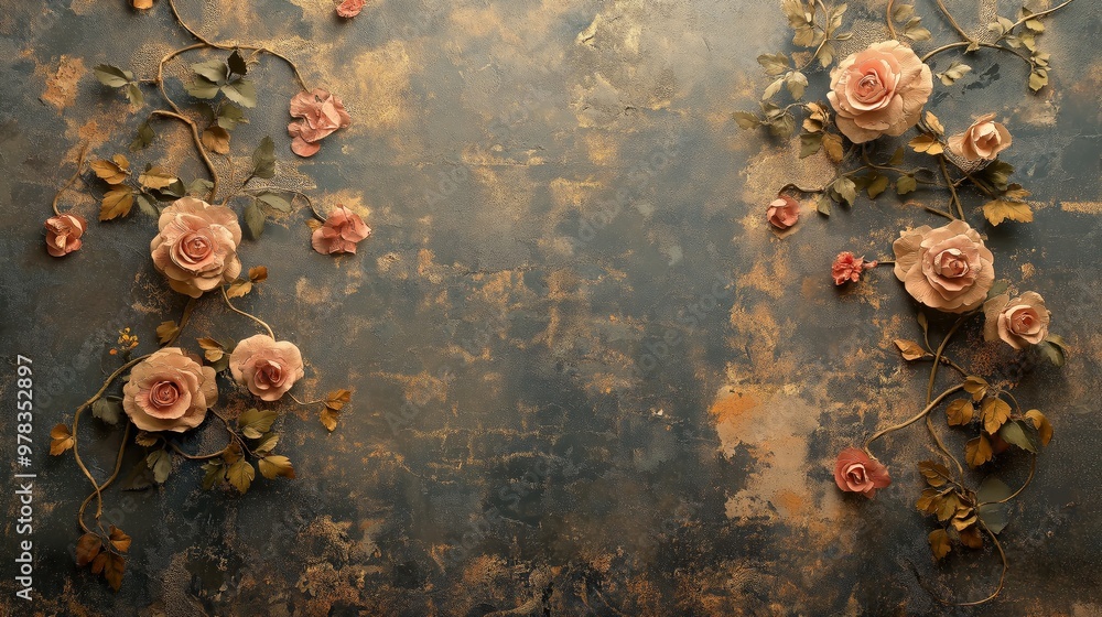 Wall mural Delicate pink roses with brown leaves on a textured background.