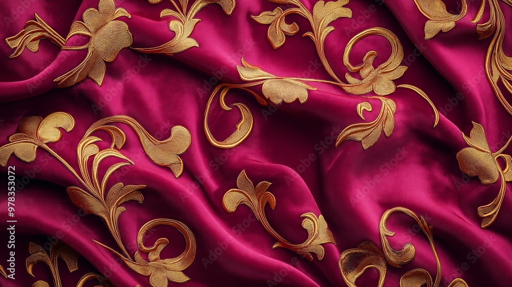 Canvas Prints Close-up of a luxurious, crimson fabric with intricate golden floral embroidery.