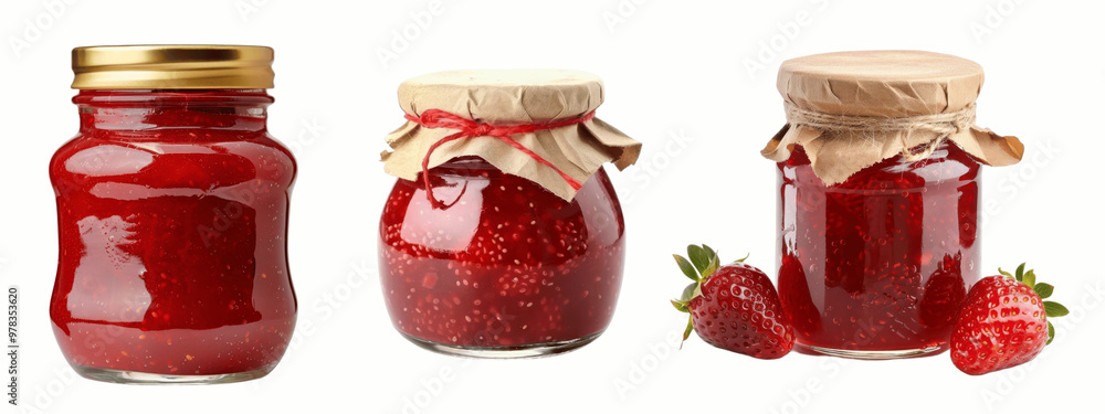 Wall mural Three glass jars of strawberry jam, with two strawberries in front of the third jar.