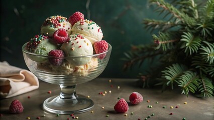 Ice Cream with Raspberries and Sprinkles.