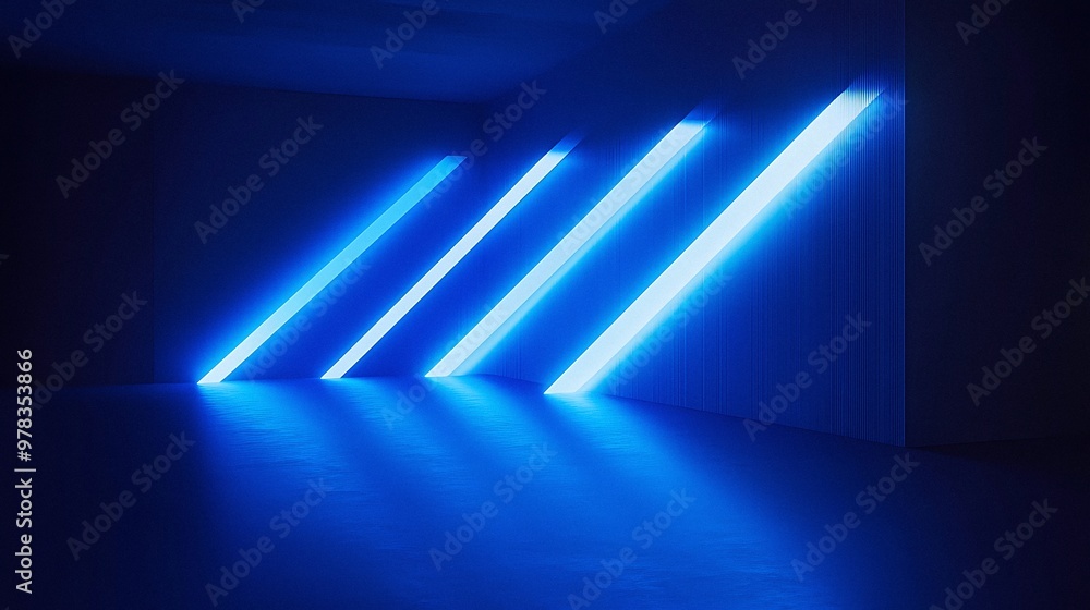 Poster a room with four blue lights on the wall. the lights are arranged in a row and are all the same colo