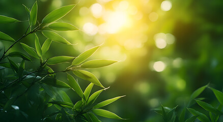 “Beautiful Green Bamboo Background with Sunlight Filtering Through Leaves”
