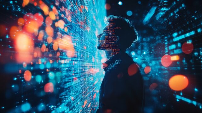 Silhouette of a man immersed in digital data
