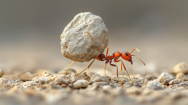 An ant carrying a large rock, much bigger than its own body