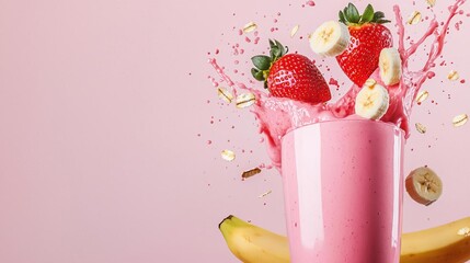 Artistic splash of pink strawberry smoothie in motion, surrounded by fiber-rich fruits like bananas and oats, dynamic smoothie splash, healthy lifestyle