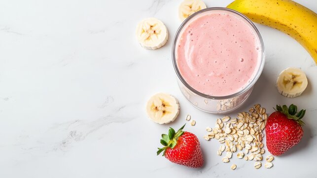 Freshly blended strawberry smoothie on a marble countertop with oats, bananas, and seeds around it, smoothie with fiber, homemade health drink