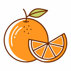 Orange fruit with leaves and slice line art. Vector illustration
