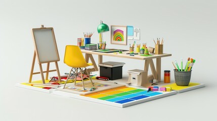 3D Render of a Creative Study Room with an Art Desk, Drafting Chair, and Colorful Supplies – Floor Plan on Isolated White Background