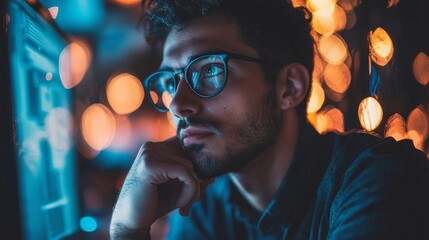 Focused man working on a computer with bokeh lights in the background