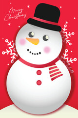Cute snowman with hat and scarf in winter holiday scene. Merry christmas greeting vector illustration.