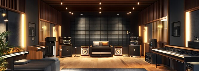 86. **A stylish music studio with state-of-the-art equipment, soundproof walls, and a creative, energetic vibe. The backdrop includes bright lighting and modern design elements.