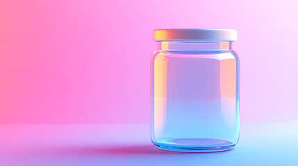 A clear glass jar with a white lid on a pink and blue gradient background. The jar is empty and ready for your product.