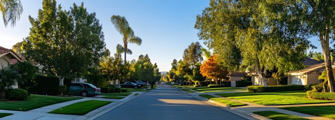 83. **A charming suburban neighborhood with well-kept lawns, tree-lined streets, and inviting homes. The backdrop includes a clear sky and a friendly, welcoming atmosphere.