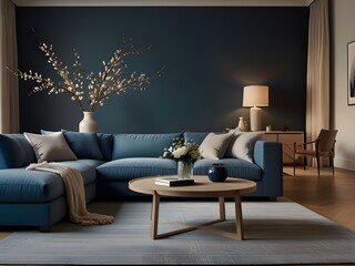 This image showcases a modern, minimalist living room with a clean and elegant design. The layout features a large, blue sectional sofa adorned with matching blue cushions