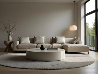 Fototapeta premium This image showcases a modern, minimalist living room with a clean and elegant design. The layout features a large, white sectional sofa adorned with matching white cushions