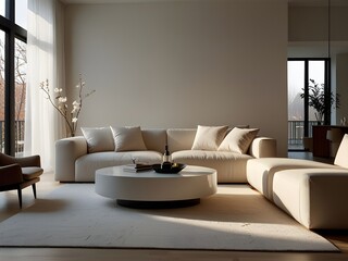 Fototapeta premium This image showcases a modern, minimalist living room with a clean and elegant design. The layout features a large, white sectional sofa adorned with matching white cushions