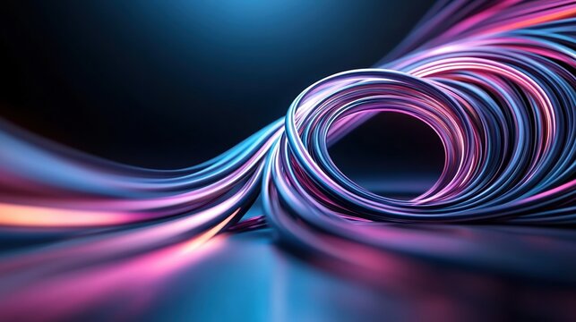 Vibrant digital swirl with flowing curves, illuminated by neon lights, creating a dynamic and modern abstract background.