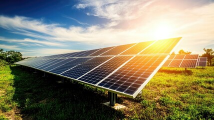 Solar panels in a lush green field, surrounded by nature and bathed in sunlight, symbolizing clean energy.