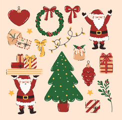 Set of Christmas elements. Garland, gifts, toys, Christmas tree, Santa Claus, wreath. Flat vector illustration.