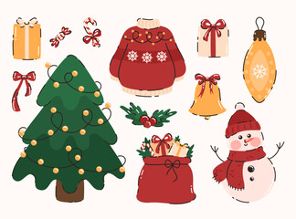 Cute set of Christmas elements. Sweater, snowman, Christmas tree, bag with gifts, toys, sweets. Flat vector illustration.