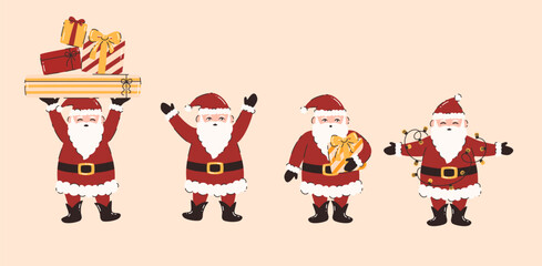 Set of cartoon Santa Claus. Flat vector illustration.