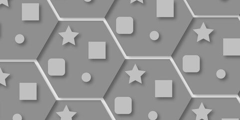 White, gray color Hexagon, square, circle, star Pattern. Luxury White 3D futuristic honeycomb mosaic white background.  Technological hexagonal background with blue neon illumination.