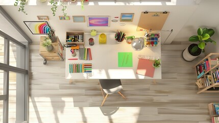 Isolated White Background: 3D Render of a Creative Study Room with an Art Desk, Drafting Chair, and Colorful Supplies – Detailed Floor Plan
