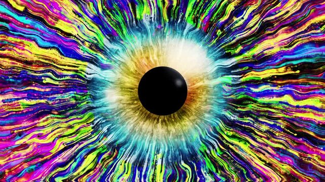 Close-up of a human iris with psychedelic multicolored patterns