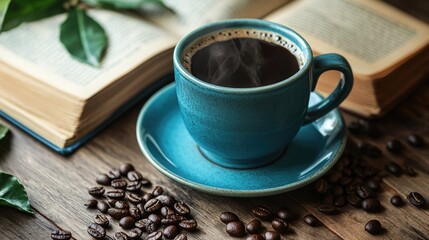 Fototapeta premium Warm blue cup of coffee, freshly brewed, with beans and a book on a wooden table, cozy morning scene.