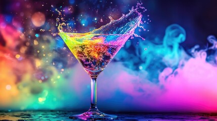 Water splashing out of a martini glass, illuminated by bright neon lights and colored smoke swirling in the background.