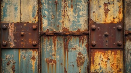Weathered iron panels, corroded by time, hanging crookedly on the side of an old, dilapidated building with faded paint.