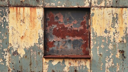 Weathered iron panels, corroded by time, hanging crookedly on the side of an old, dilapidated building with faded paint.