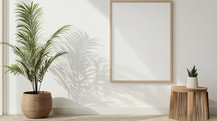 White frame mock-up poster on a clean, light-colored wall with minimalistic , featuring a potted plant and wooden side table.